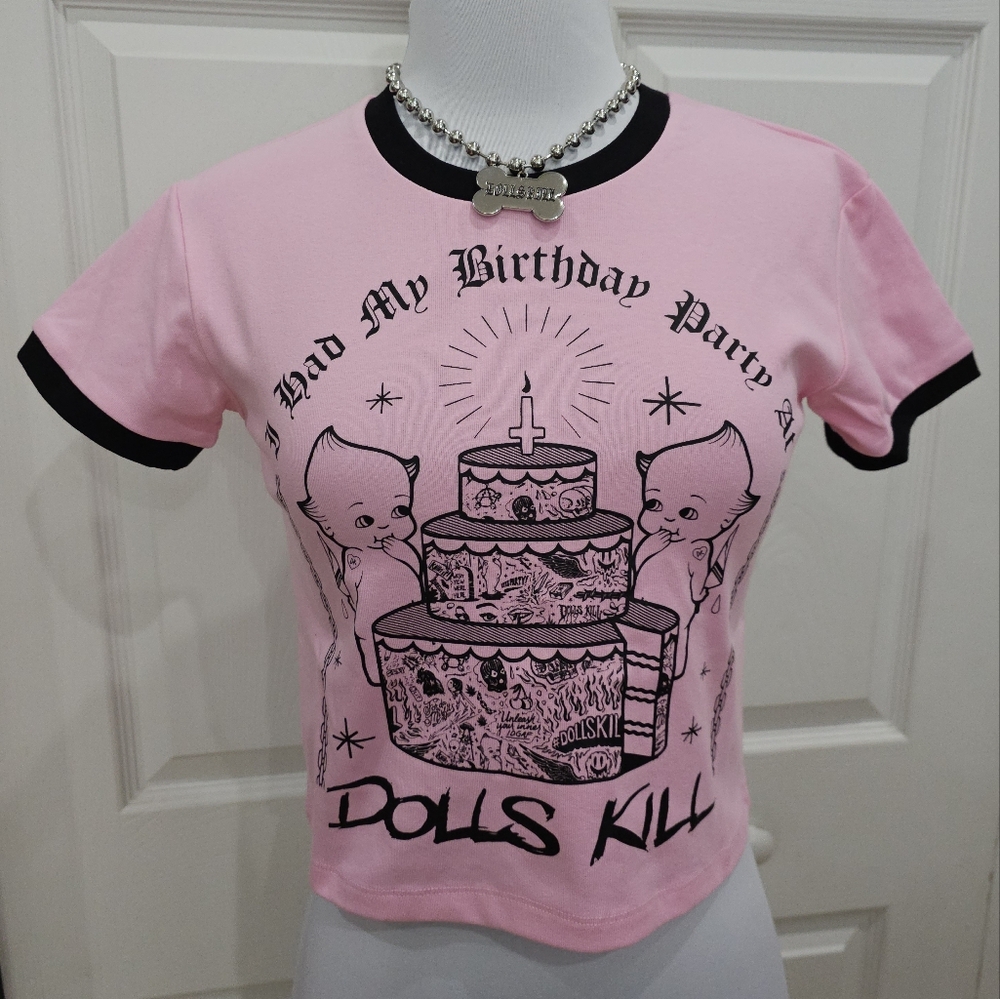 Pink Black Baby Tee I had My Birthday Party At Dolls Kill & Dog Bone Necklace M